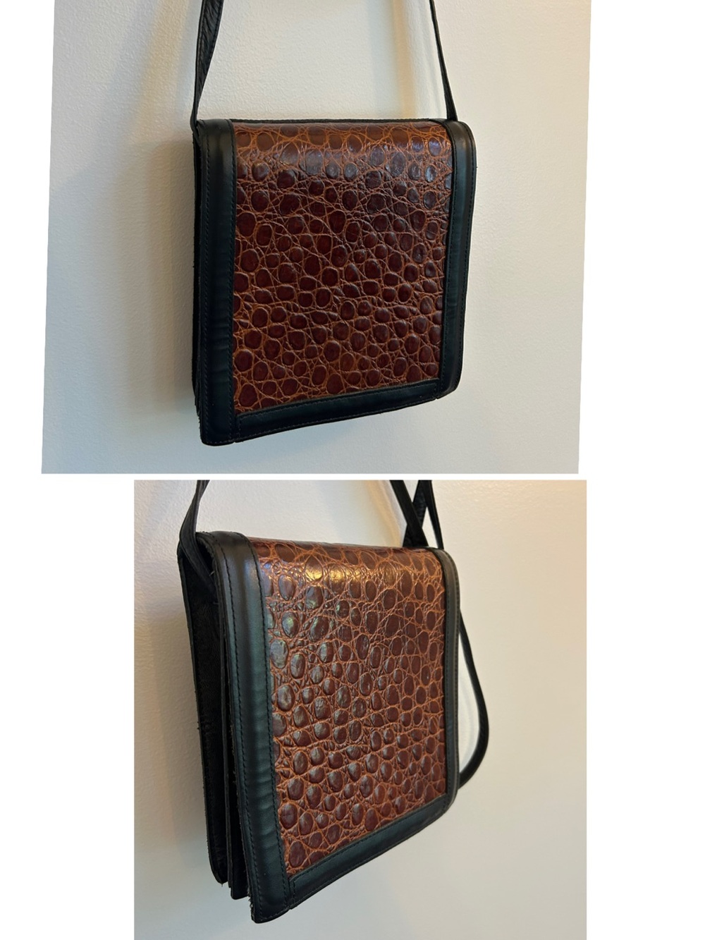 Vintage Roberto Vascon Leather Croc Elegant Embossed Crossbody Bag Square Purse